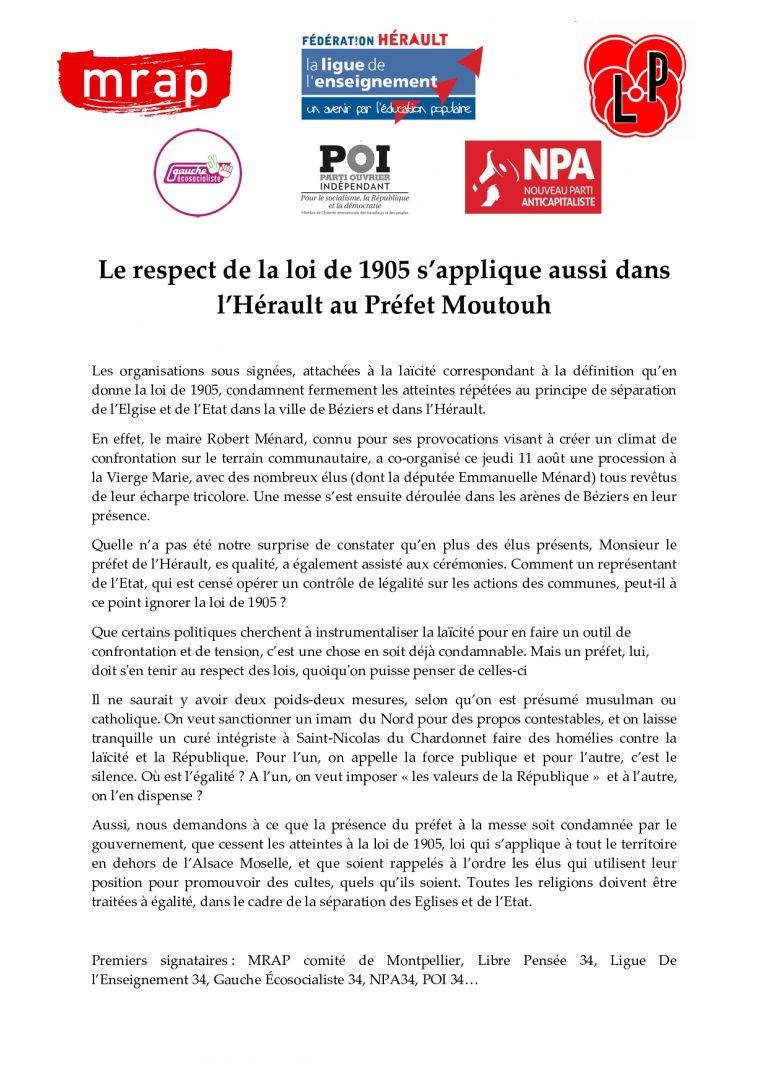 Le respect de la loi de 1905 s’applique aussi dans l’Hérault au Préfet Moutouh