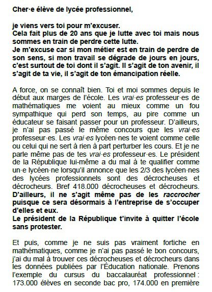 Lettre à un ·e élève de lycée professionnel