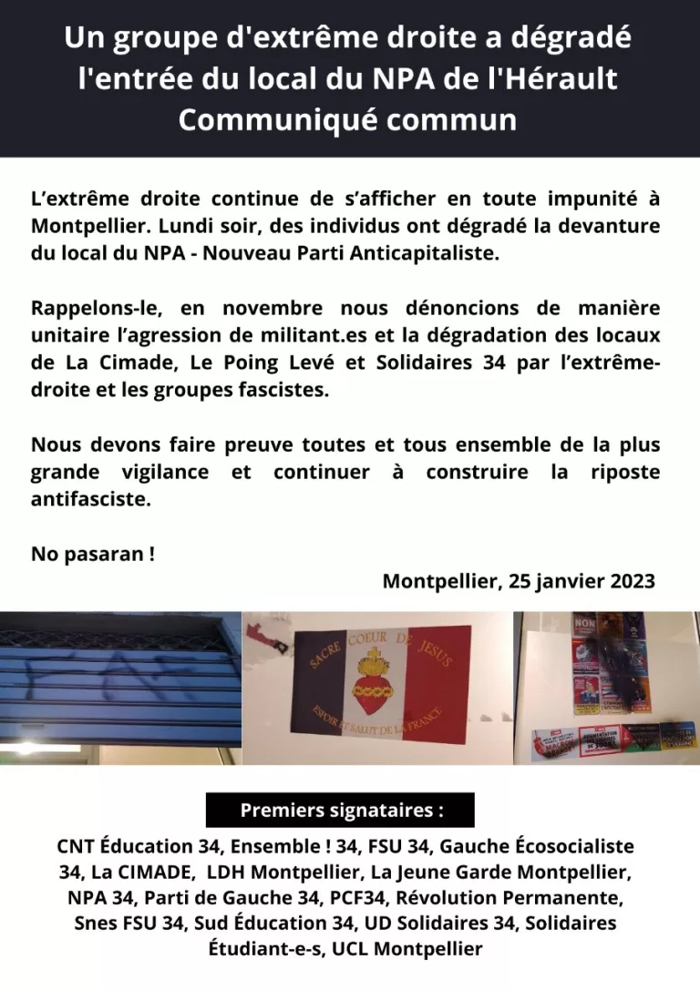 Un groupe d&rsquo;extrême-droite a dégradé l&rsquo;entrée du local du NPA 34