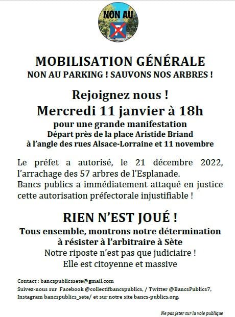Sète : MOBILISATION GÉNÉRALE ! NON AU PARKING ! SAUVONS NOS ARBRES !