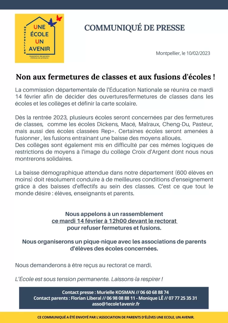 Non aux fermetures de classes et aux fusions d&rsquo;écoles !
