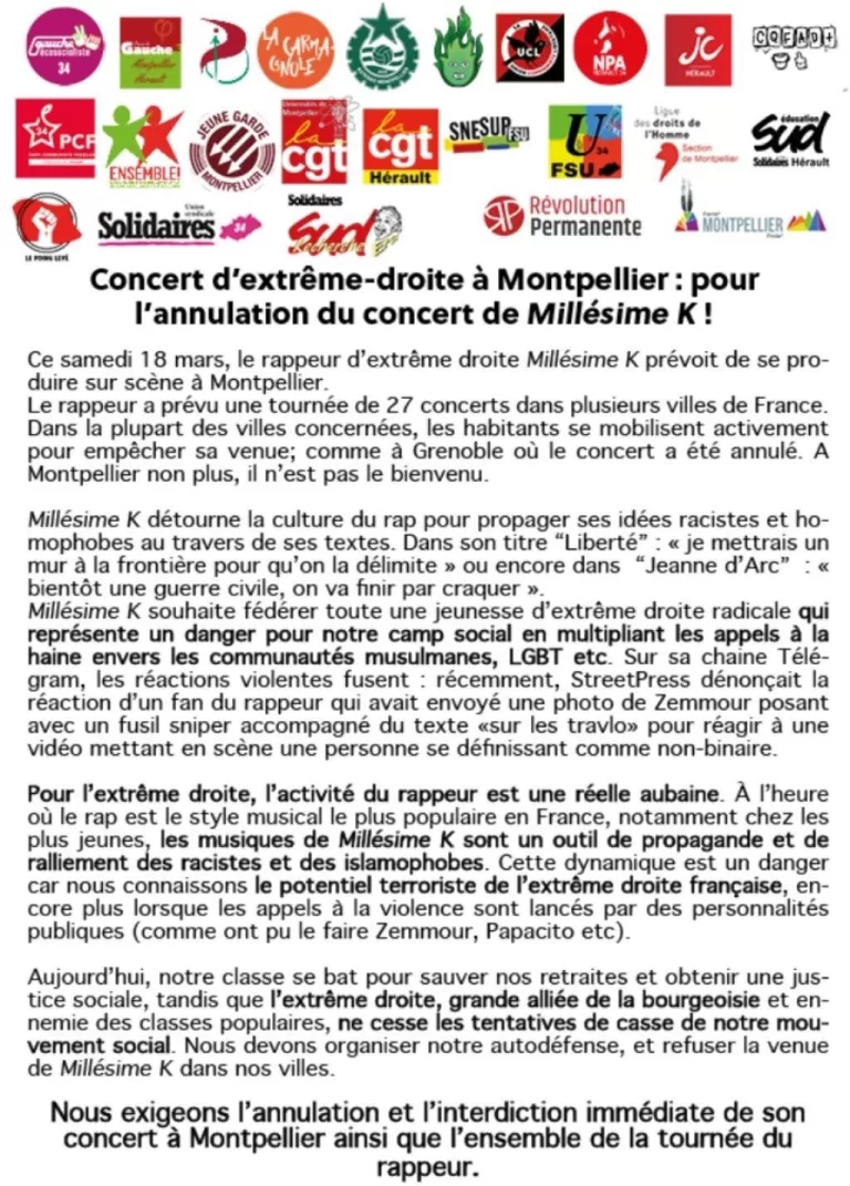 Concert d&rsquo;extrême-droite à Montpellier : pour l&rsquo;annulation du concert de Millésime K