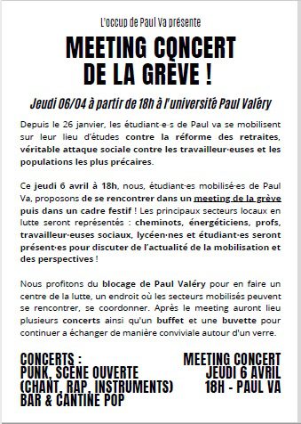 Meeting concert jeudi 6 avril à Paul Valéry
