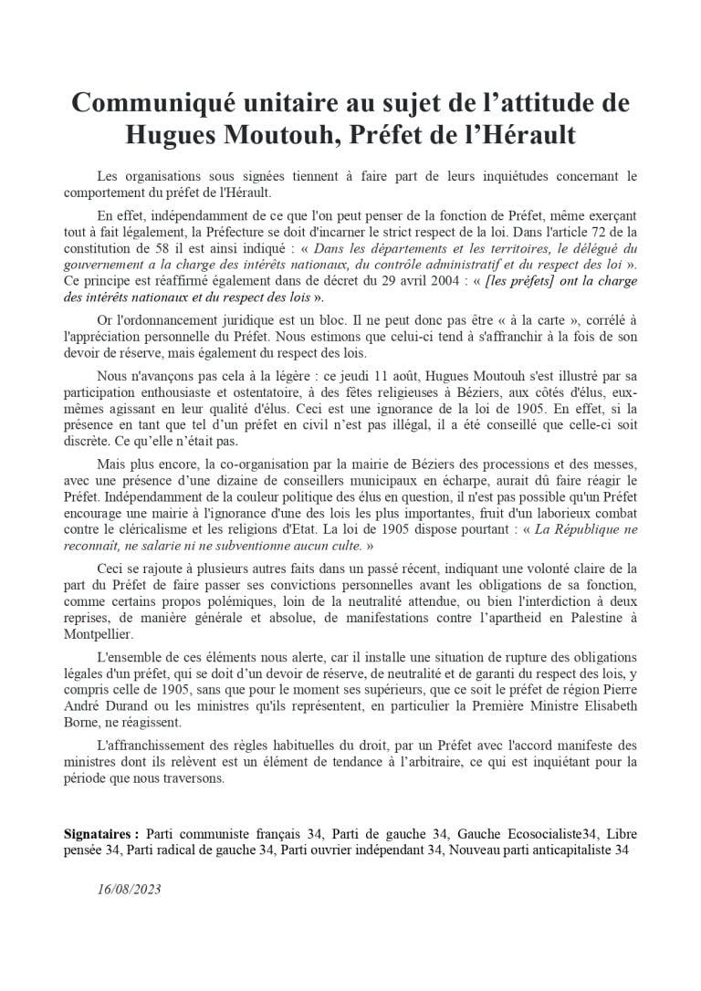 Communiqué unitaire au sujet de l’attitude de Hugues Moutouh, Préfet de l’Hérault