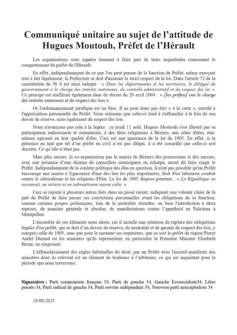 Communiqué unitaire au sujet de l’attitude de Hugues Moutouh, Préfet de l’Hérault