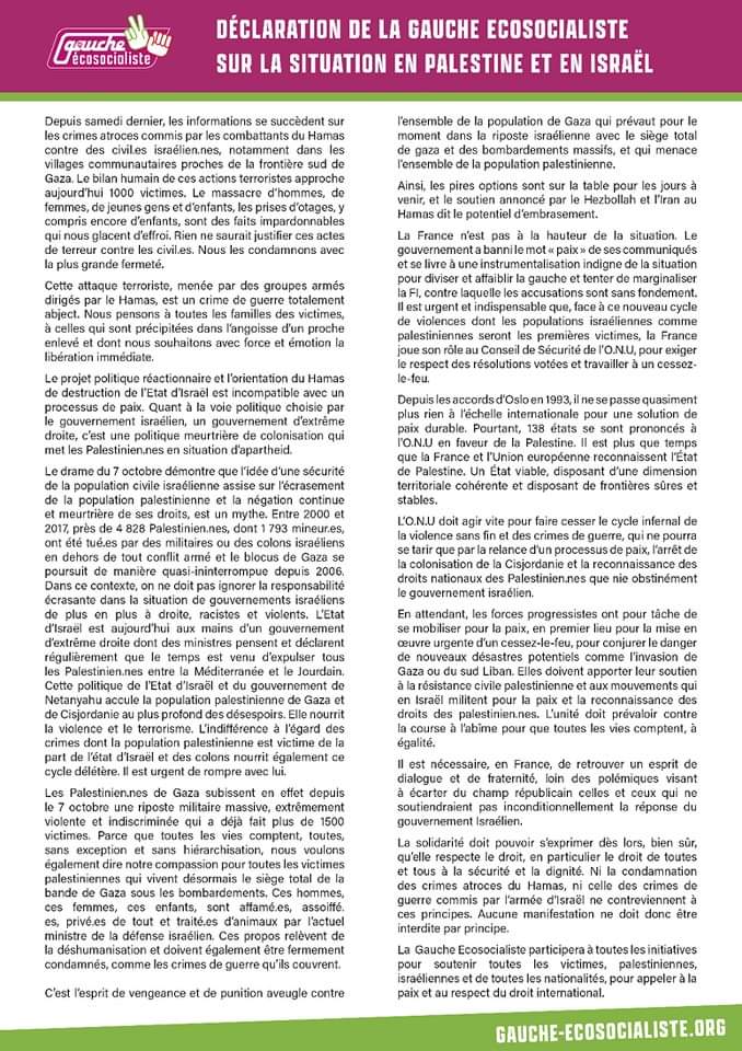 Déclaration de la Gauche Écosocialiste sur la situation en Palestine et en Israël
