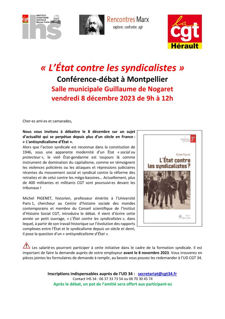 « L&rsquo;État contre les syndicalistes » —  Conférence-débat à Montpellier