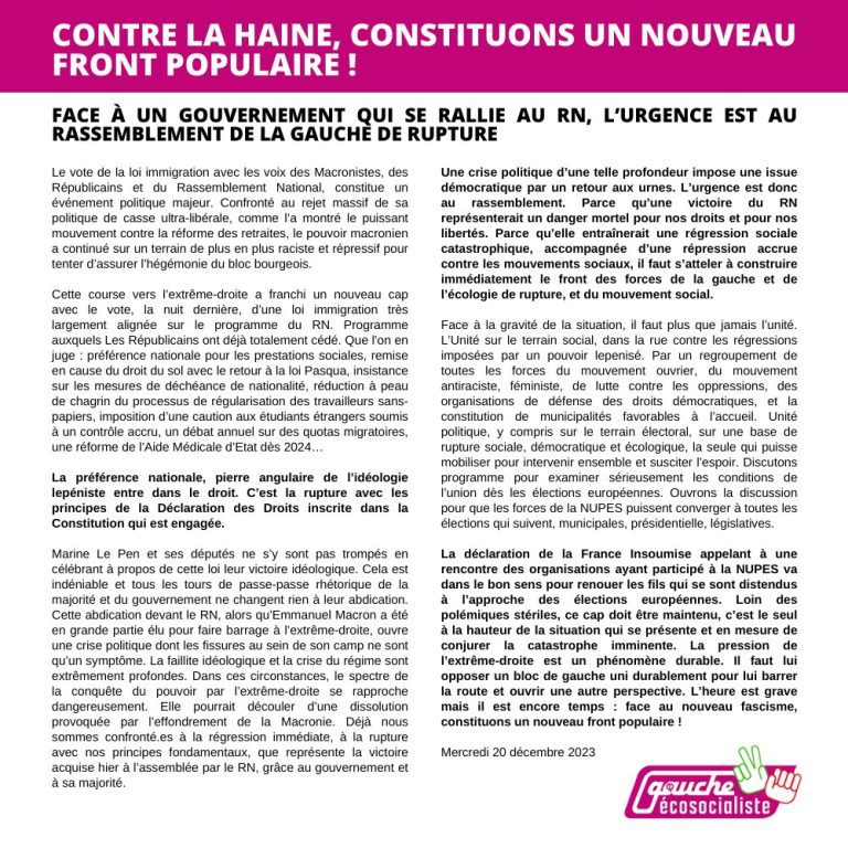 Contre la haine, constituons un nouveau front populaire !