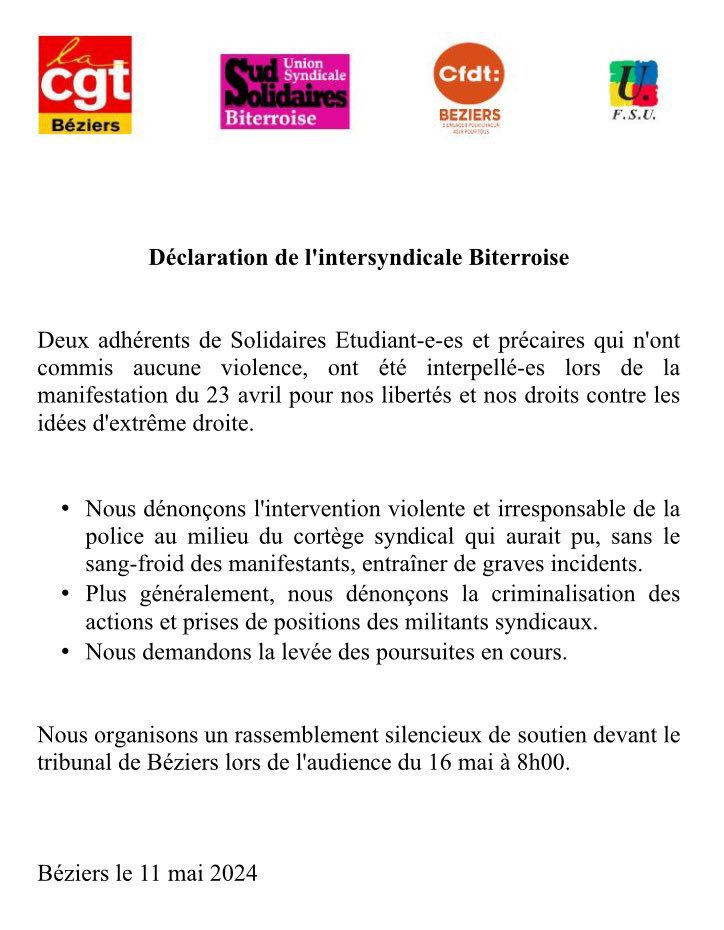 RASSEMBLEMENT SILENCIEUX DE SOUTIEN DEVANT LE TRIBUNAL DE BÉZIERS