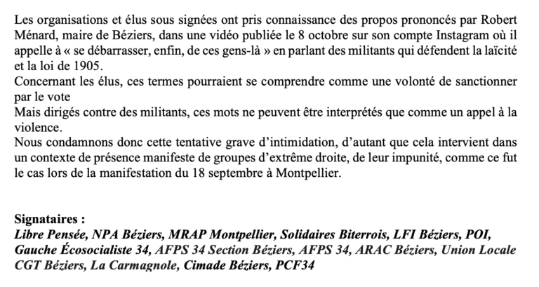 Robert Ménard appelle à « se débarrasser » des militants qui défendent la laïcité et la loi de 1905
