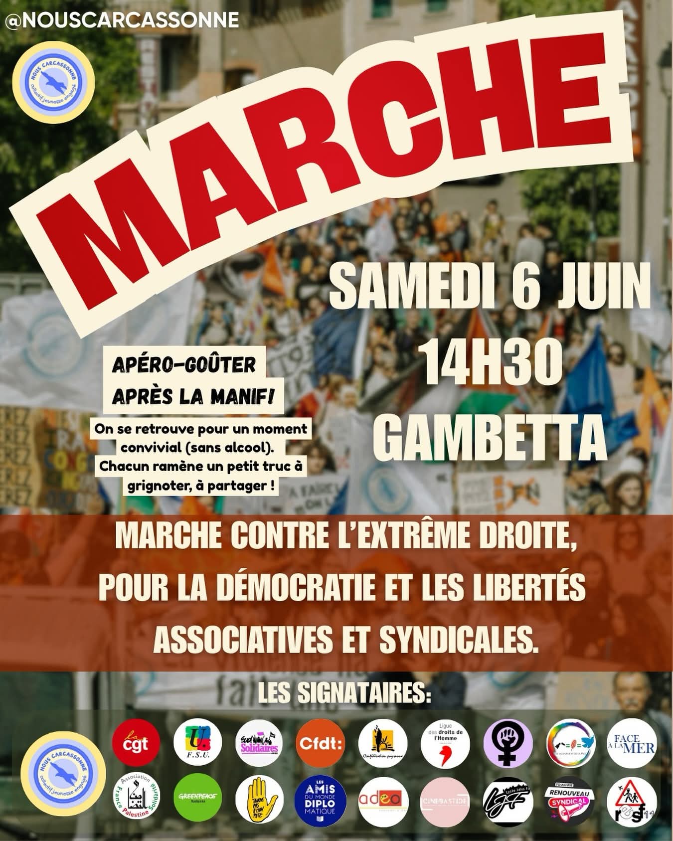 A Carcassonne : marche contre l&rsquo;extrême-droite, pour la démocratie et les libertés associatives et syndicales