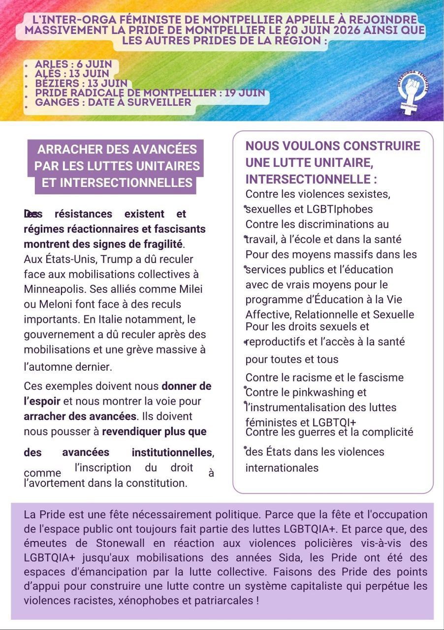 Samedi 20 juin  : pour une Pride de lutte : Unissons nos forces contre le Patriarcat !